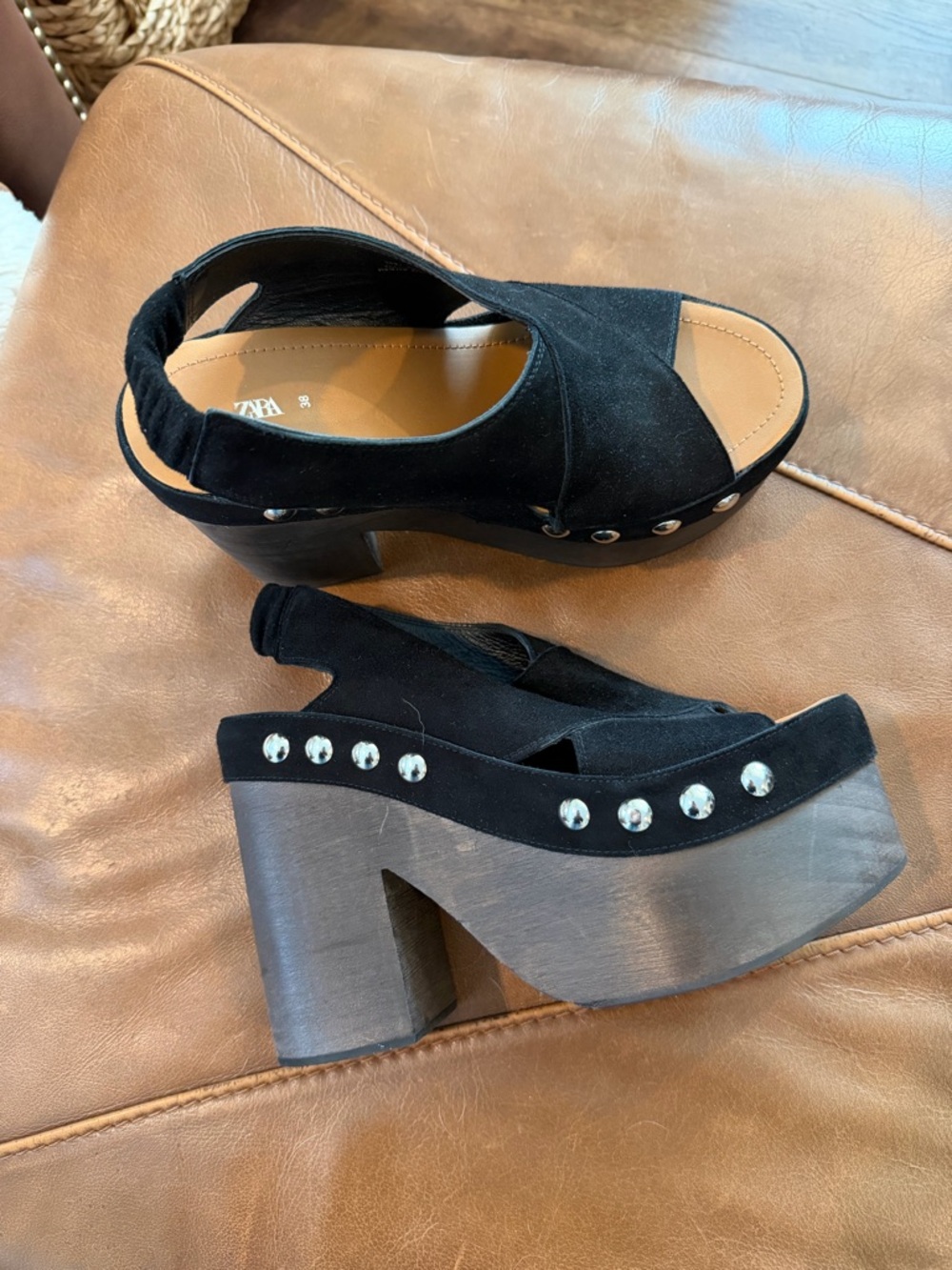 Zara Black Suede Platform Slingback Sandals with Silver Studs | Size 38 (7.5)